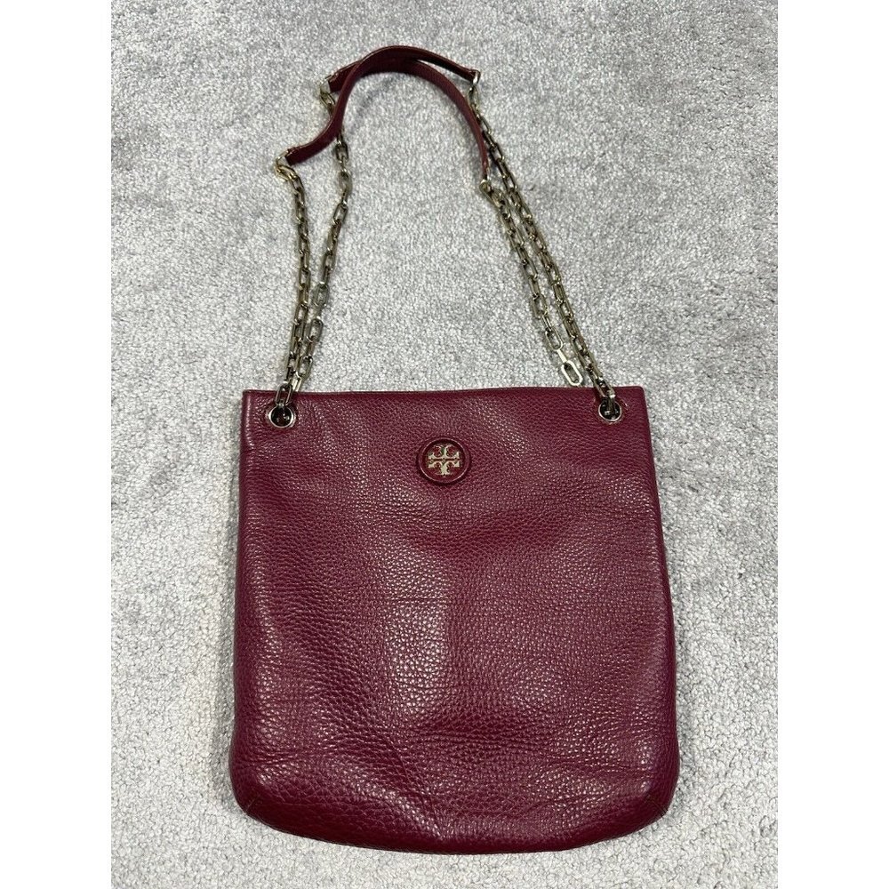 Tory Burch Burgundy Pebbled Leather Chain Shoulder Bag
